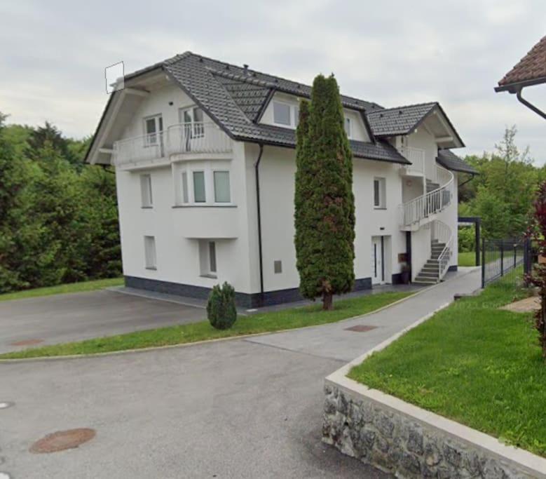 una gran casa blanca con entrada en Prostorno in prijetno stanovanje en Smarjeske Toplice