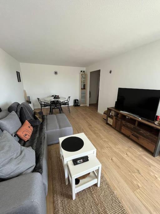 ein Wohnzimmer mit einem Sofa und einem Flachbild-TV in der Unterkunft Cosy appartement - Evry in Évry-les-Châteaux