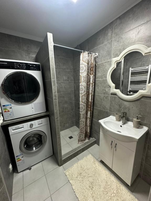 uma pequena casa de banho com uma máquina de lavar roupa e um lavatório em Ștefan House em Căuşeni
