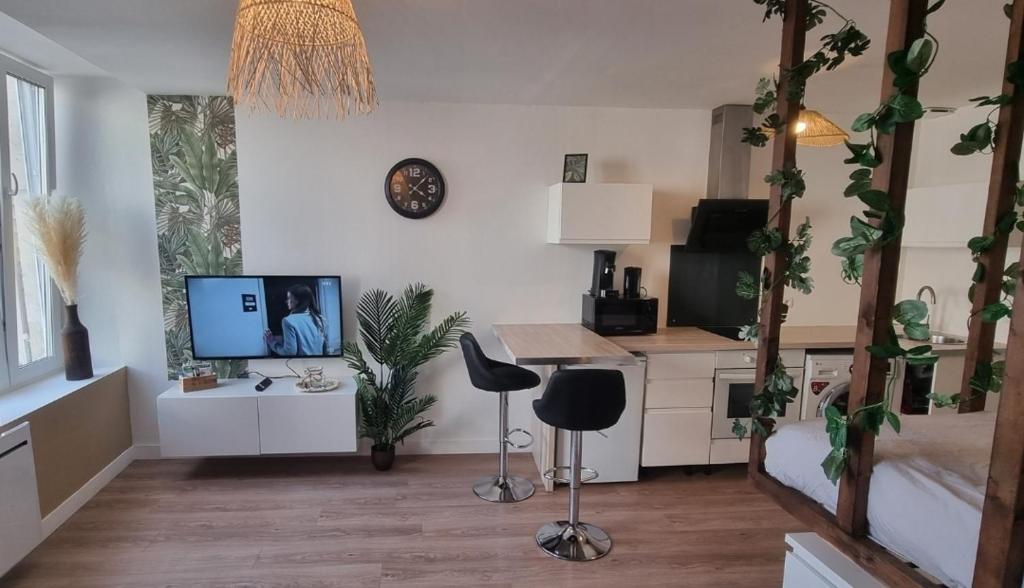 a living room with a computer and a desk with chairs at New jungle studio cœur de ville in Pont-à-Mousson