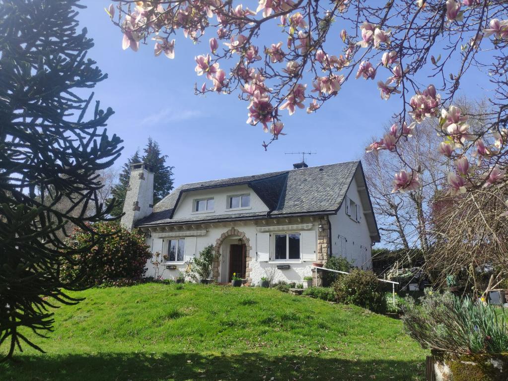 een wit huis op een heuvel met roze bloemen bij Chez Madeleine - Maison 11 pers. Parc arboré 3000M² in Lanobre