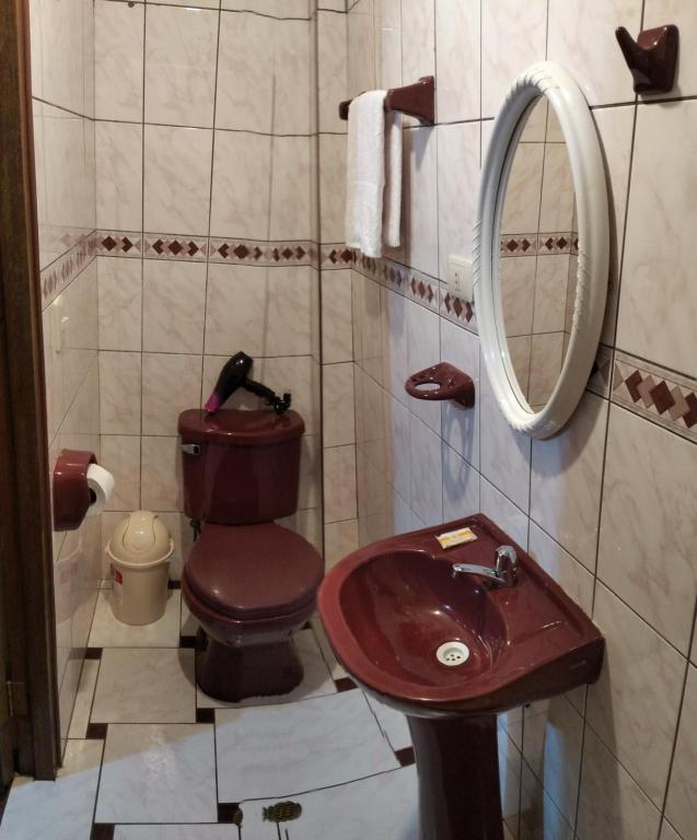 a bathroom with a brown toilet and a sink at Hospedaje Del Carmen in Machu Picchu