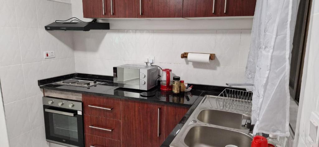 a small kitchen with a sink and a microwave at Shalom Apartments Kalumbila in Musele