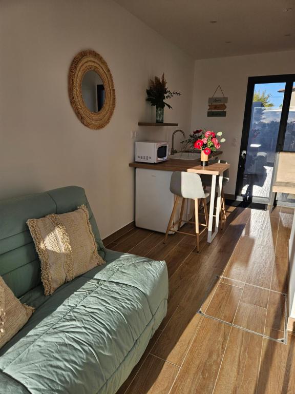 un salon avec un canapé et une table dans l'établissement Studio meublé, à Marseillan
