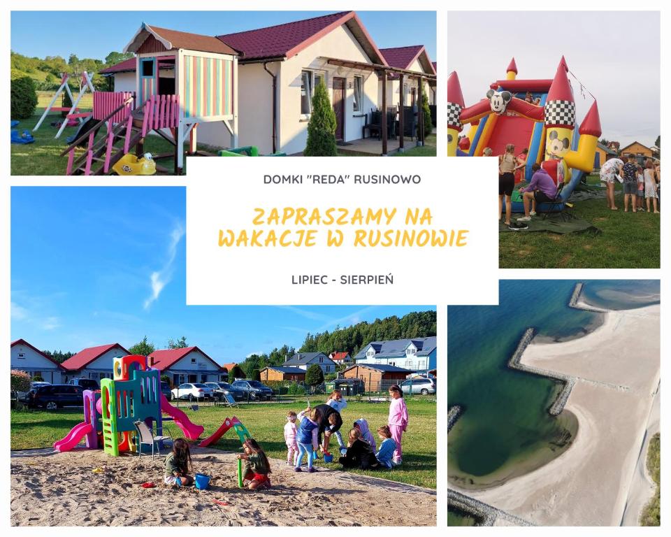 uma colagem de fotos com crianças brincando em um parque infantil em Domki letniskowe Reda em Rusinowo