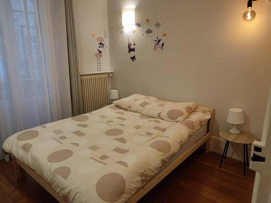 a bedroom with a bed with a comforter on it at Magnifique appartement de charme au cœur de Paris in Paris