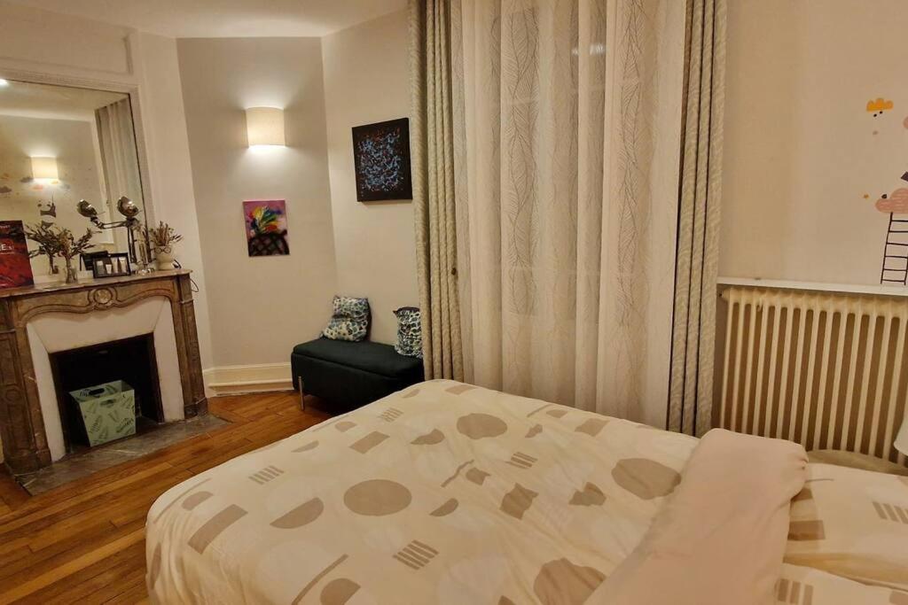 a bedroom with a bed and a fireplace at Magnifique appartement de charme au cœur de Paris in Paris