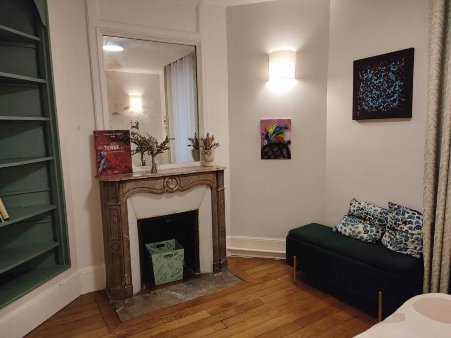 a living room with a fireplace and a couch at Magnifique appartement de charme au cœur de Paris in Paris
