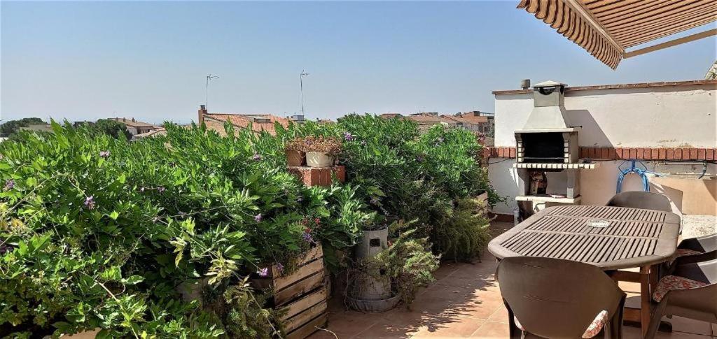 a patio with a table and chairs and plants at Ca La Pia in Corbíns