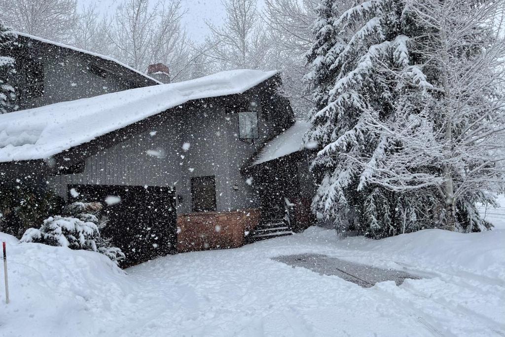 a house covered in snow next to a tree at All-Season Chalet in Park City