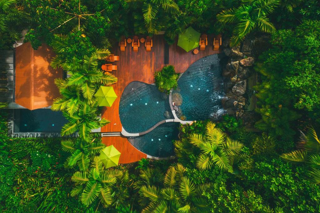 an overhead view of a swimming pool in a garden at Amor Arenal Adults Friendly in Fortuna