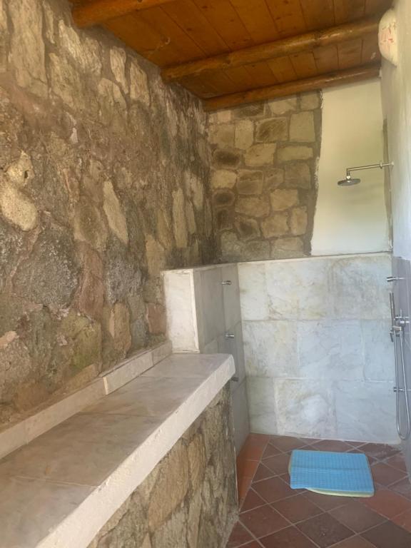 Baño con paredes de piedra y ducha con alfombra azul en Villa Liuba, en Isquia