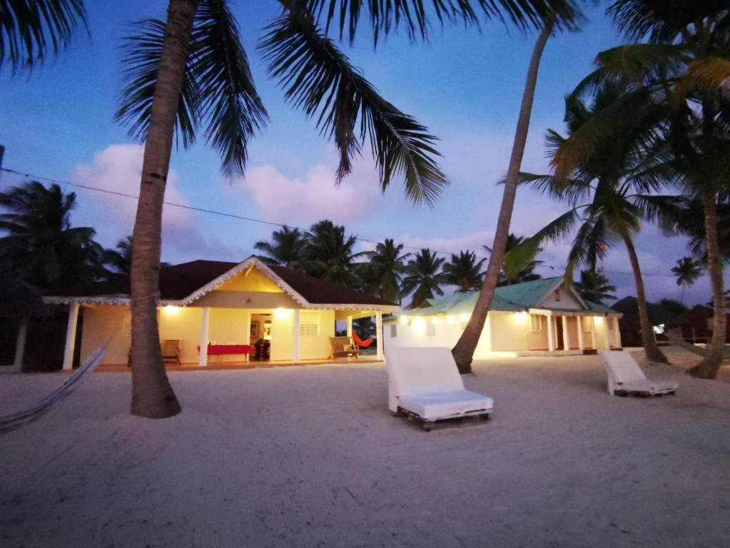 two chairs and palm trees on the beach at night at Saona Típica B&B in Mano Juan