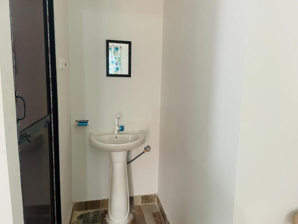 - un lavabo blanc dans la salle de bains avec une photo sur le mur dans l'établissement Gautam HoUse, à Siddharthanagar