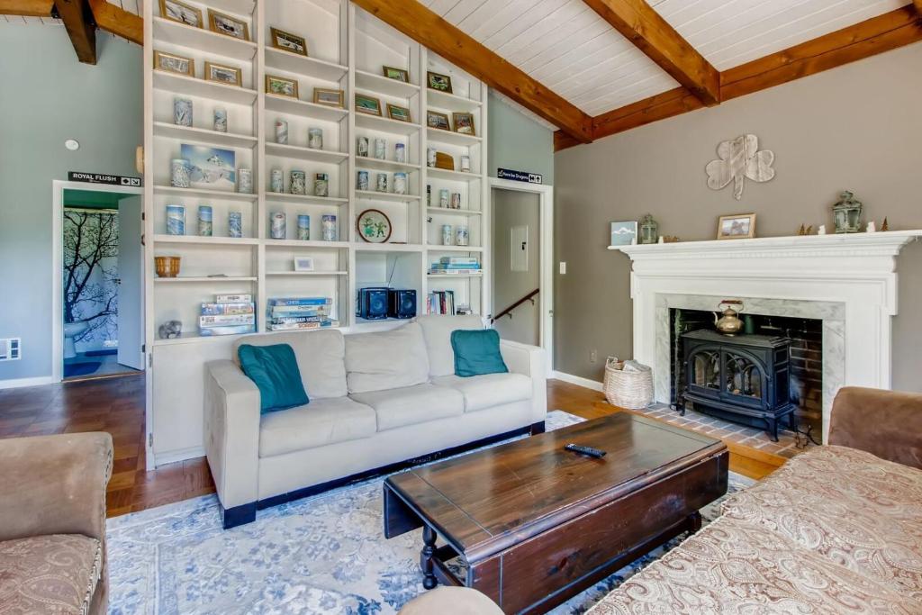 a living room with a white couch and a fireplace at Silver Spring Chalet home in Pittsfield