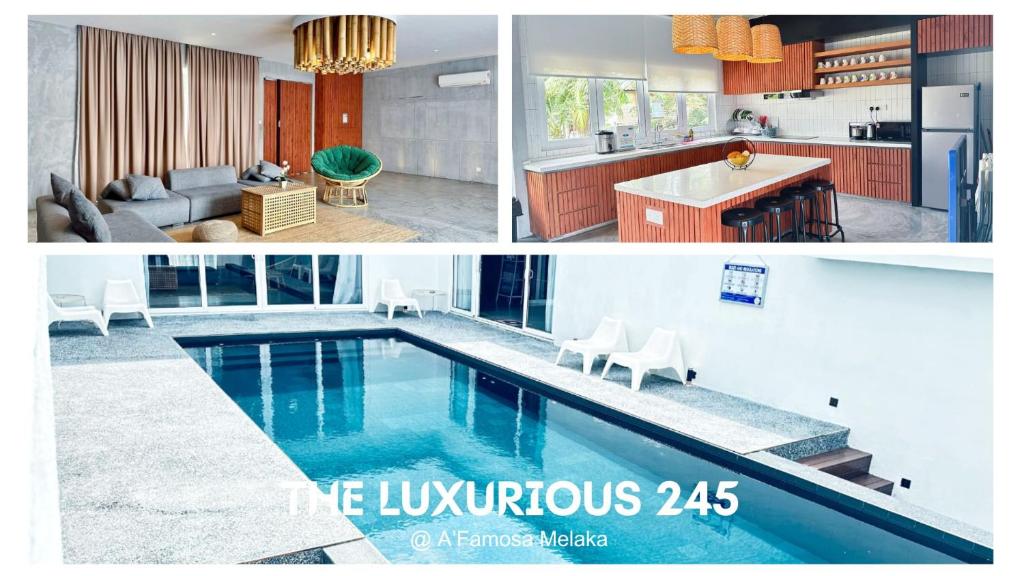 a collage of two pictures of a kitchen and a pool at The Luxurious 245, A Famosa Melaka in Kampong Alor Gajah