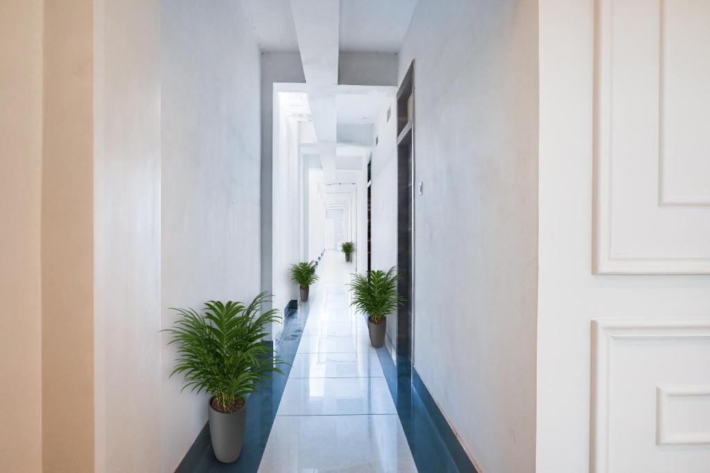 a corridor with potted plants in a white hallway at Classic Court in Patna