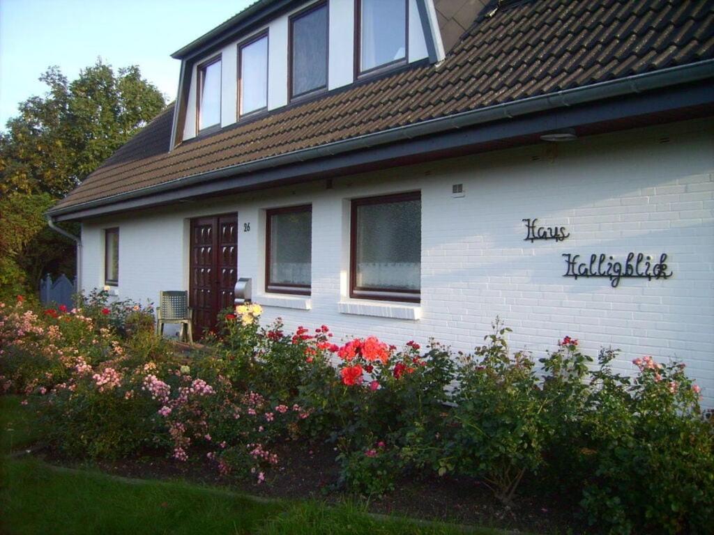 a white house with flowers in front of it at Oland in the Halligblick house in Dagebüll