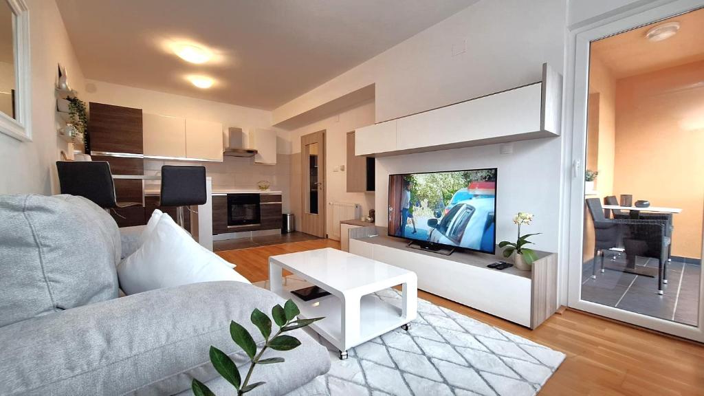un soggiorno con divano e TV a schermo piatto di Apartman Lucille a Osijek