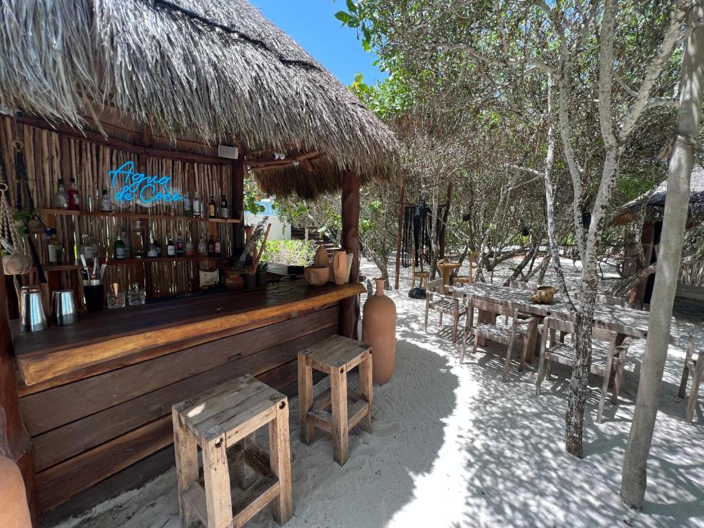 un bar avec bancs et une cabane en paille dans l'établissement Casa Punta Coco & Beach Club, à Holbox