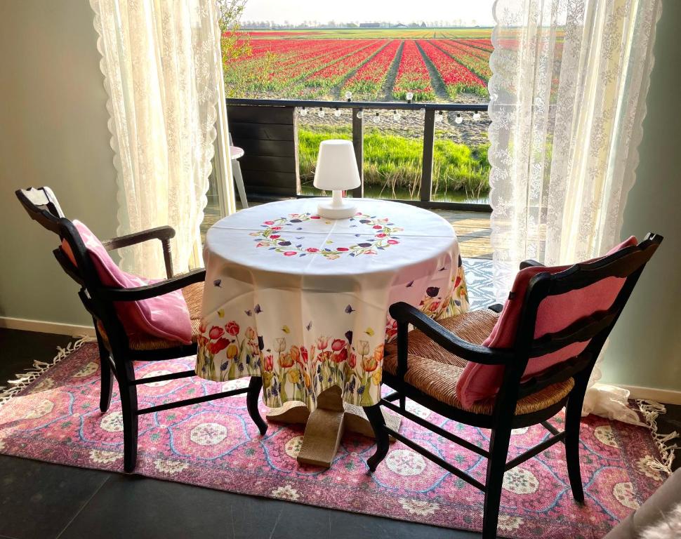 een tafel en twee stoelen met een tafel en een raam bij B&B De Verre Kijker in Barsingerhorn