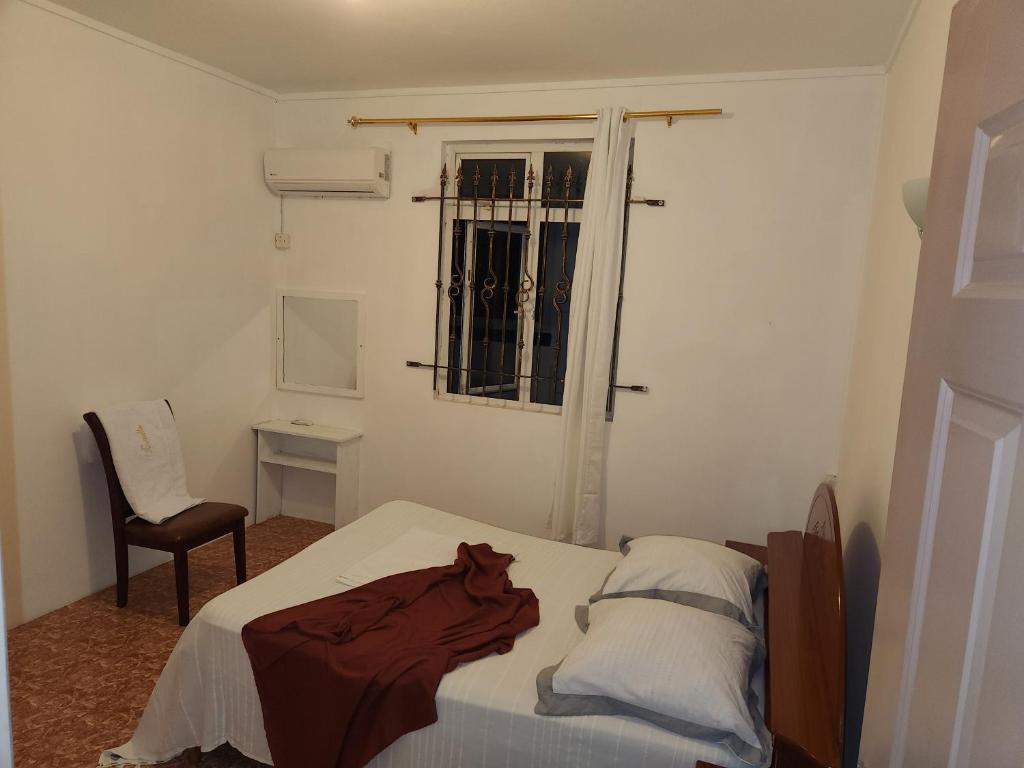 een slaapkamer met een bed, een stoel en een raam bij Room & Scooter Rental - Mont Choisy in Grand Baie