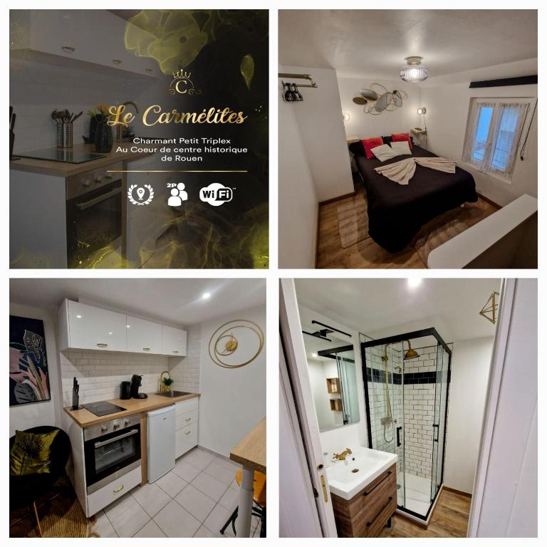 un collage de photos d'une cuisine et d'un salon dans l'établissement LE PETIT TRIPLEX DES CARMELITES -COEUR HISTORIQUE, à Rouen