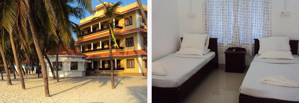 two pictures of a hotel room with a bed and a building at PARADISE HUT KAVARATTI in Cochin