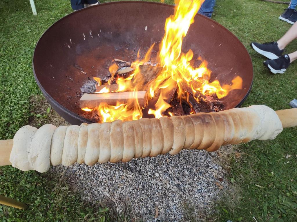 a hot dog on fire in front of a grill at Biohof Bernhard in Unterweissenbach