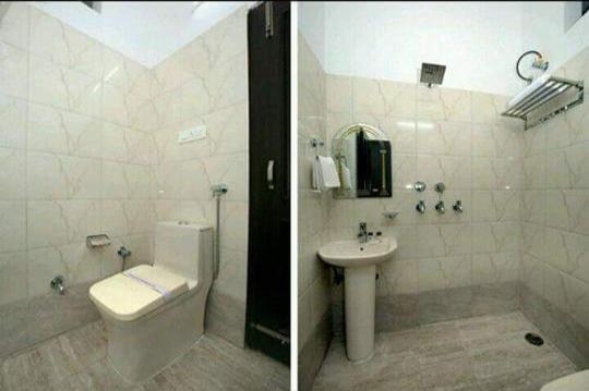 two pictures of a bathroom with a toilet and a sink at Hotel Chandigarh inn in Chandīgarh
