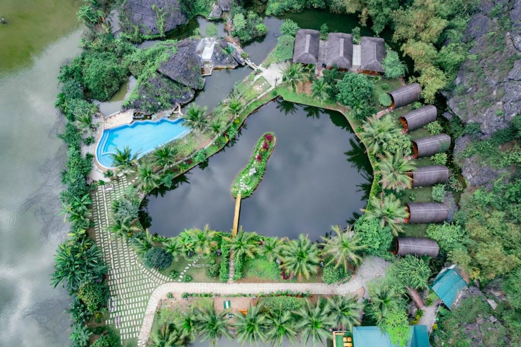 an aerial view of a resort with a pool at Fairy Mountain Retreat in Ninh Binh