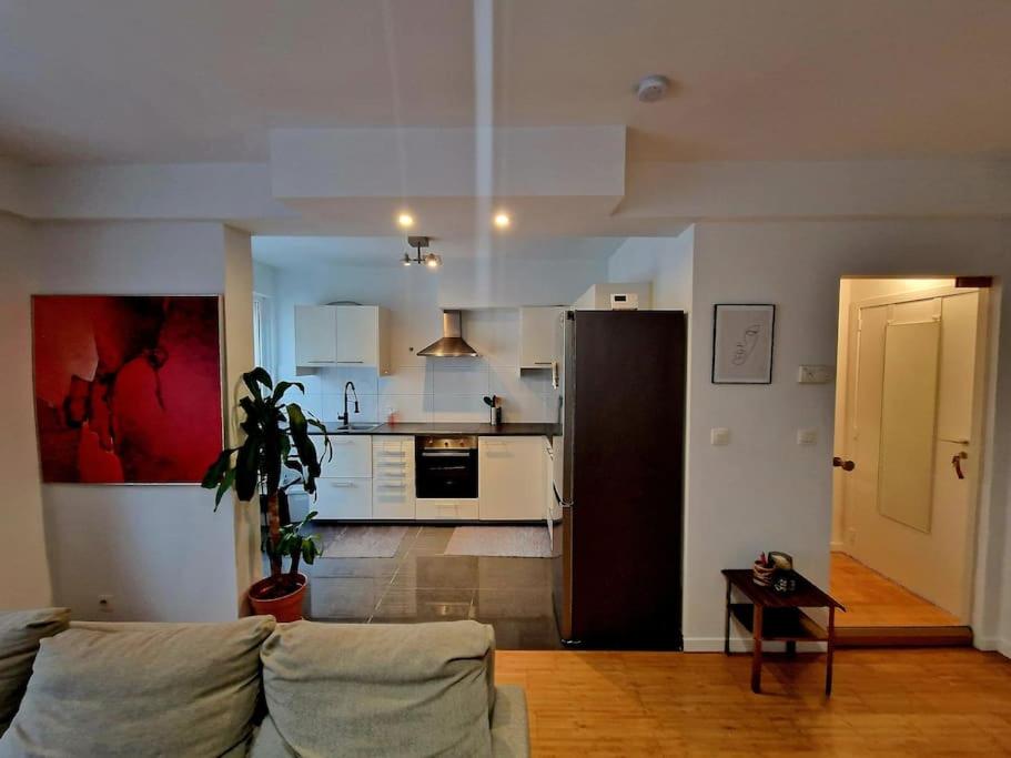 ein Wohnzimmer mit einem Sofa und einer Küche in der Unterkunft Le cocon du midi - Appartement Cosy in Brüssel