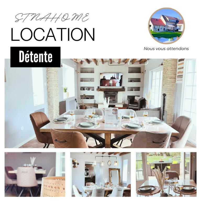 un collage de photos d'une salle à manger avec une table dans l'établissement STNAHOME 60110 Maison Champêtre aux Portes de Paris, à Amblainville