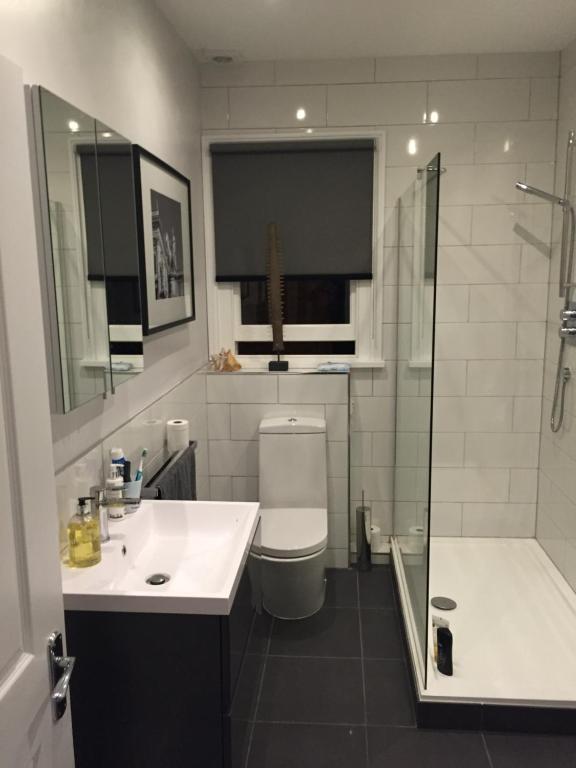 a bathroom with a toilet and a sink and a shower at Ingram House with Hot Tub in Hurst Green