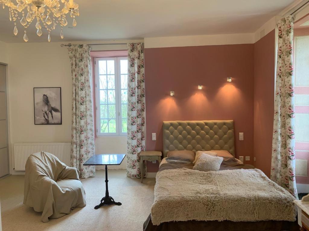 een slaapkamer met een groot bed en een kroonluchter bij la maison de camille in Salles-la-Source