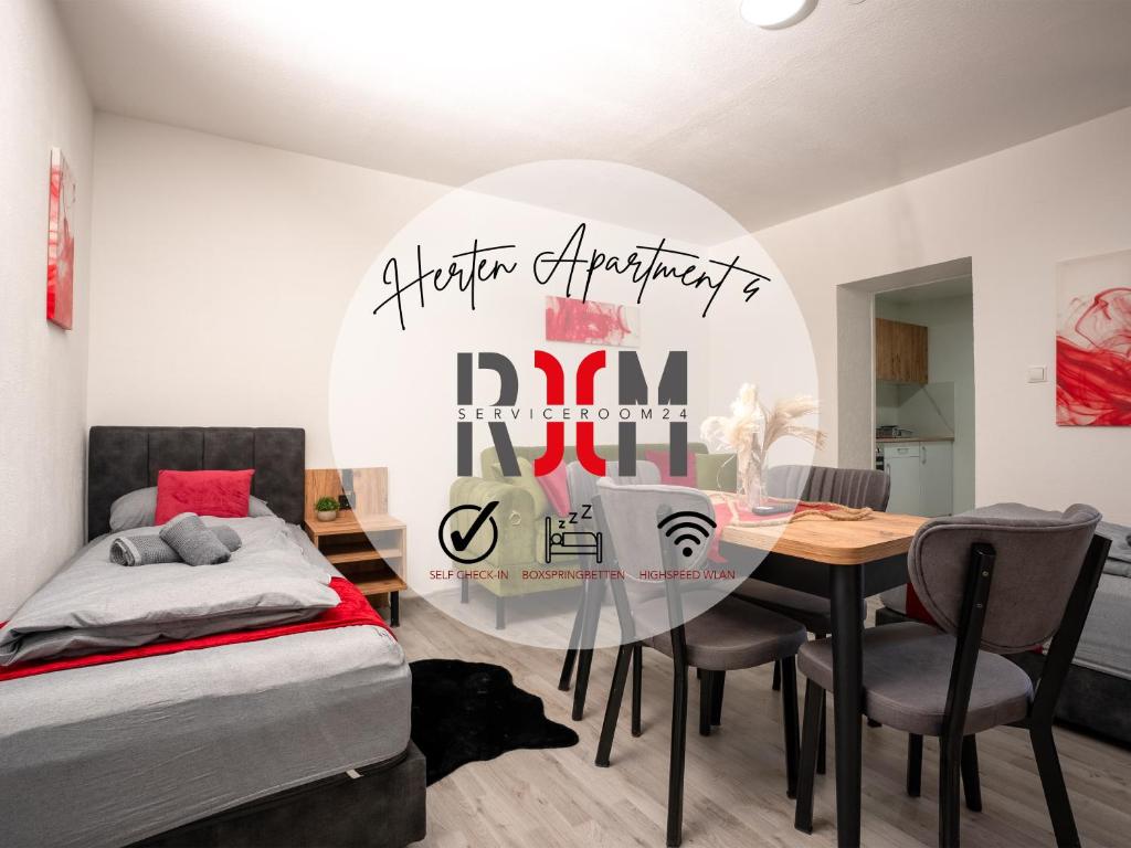 a bedroom with a table and a bed and a mirror at Serviceroom24 - Apartment 4 in Herten WLAN - Smart-TV - 24-7 Check-in und Küche in Herten