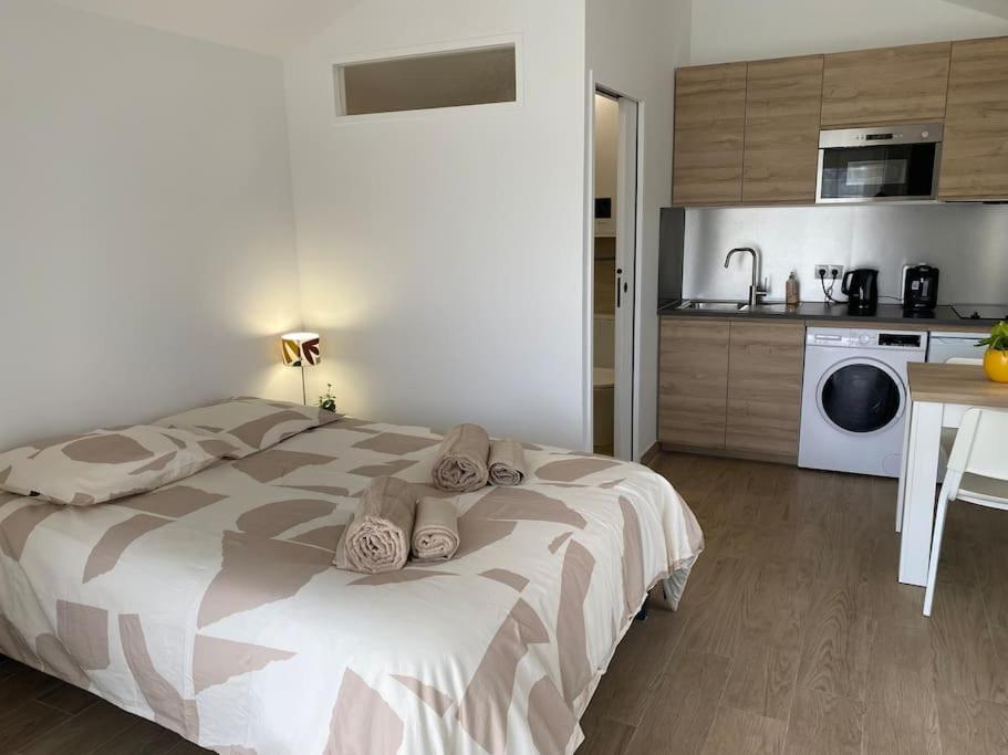 a bedroom with a large bed and a kitchen at Studio Les Oliviers in Noisy-le-Grand