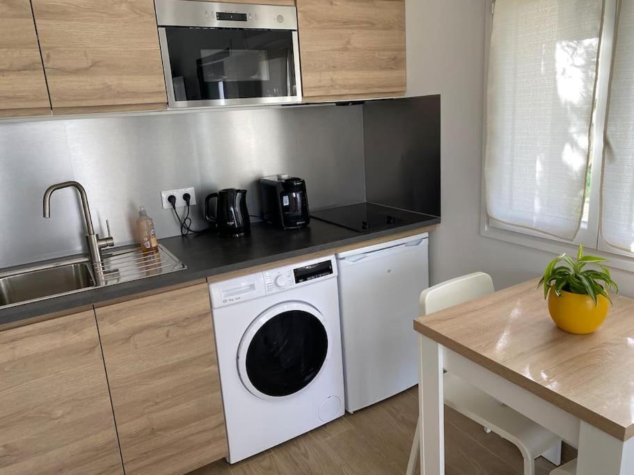 a kitchen with a washing machine and a sink at Studio Les Oliviers in Noisy-le-Grand