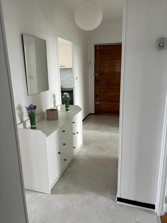 a white bathroom with a sink and a mirror at Appartement des merveilles in Vénissieux