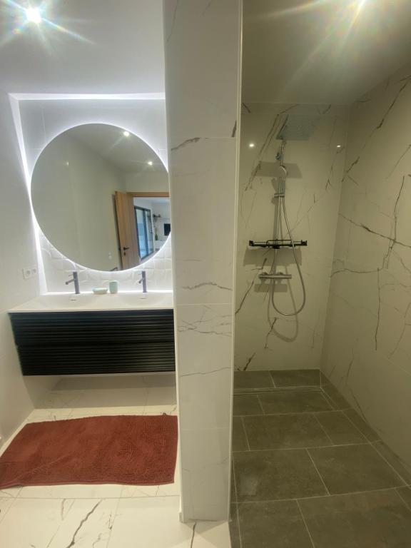 La salle de bains est pourvue d'un miroir rond et d'un lavabo. dans l'établissement Magnifique appartement vue mer 3STRAT51, à Port-Vendres