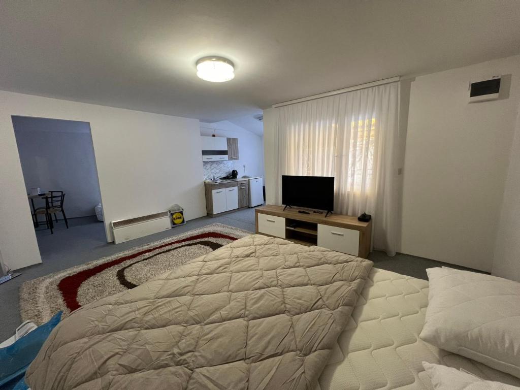 Schlafzimmer mit einem Bett und einem Flachbild-TV in der Unterkunft Piccola Casa City Center Sarajevo in Sarajevo