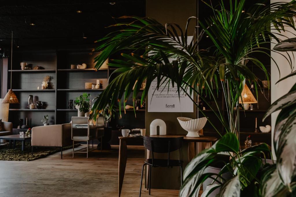 a room with a potted plant and shelves at Alda Hotel Reykjavík in Reykjavík