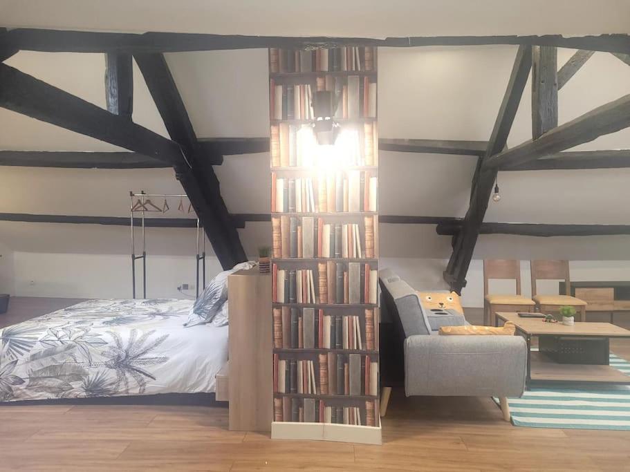 a bedroom with a bed and a book shelf filled with books at Les Loges de la Commanderie ! in Coulommiers