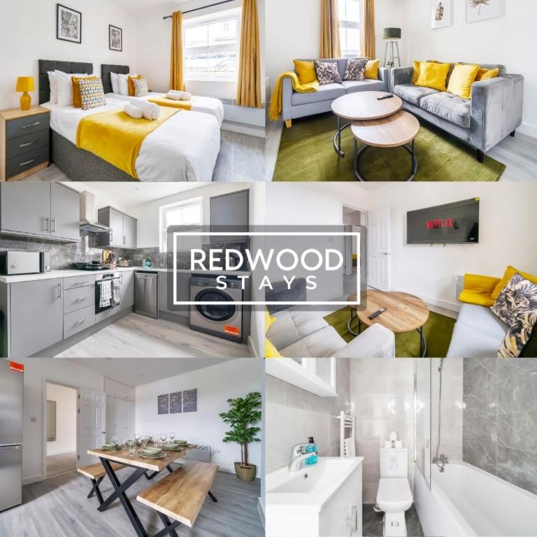 a collage of photos of a hotel room at Well-Equipped Serviced Apartments in Aldershot Town Centre, Free WiFi By Redwood Stays in Aldershot