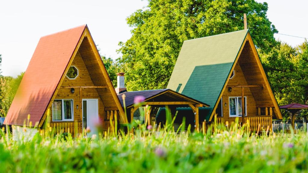 een houten huis met een groen dak in het gras bij Rosa&Vera in Ucea de Sus