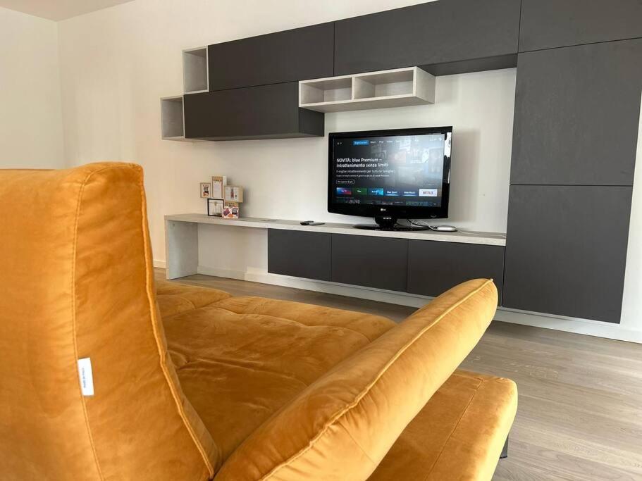 a living room with a couch and a television at Regina design apartment Lugano in Lugano