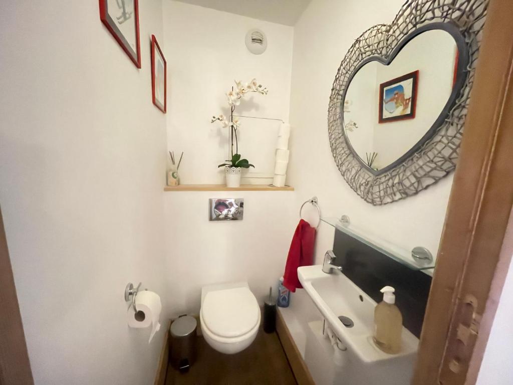 a bathroom with a toilet and a sink and a mirror at Les Balcons de Bellevarde in Val-d'Isère