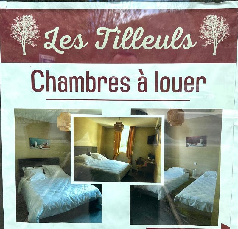 un collage de imágenes de una habitación de hotel con 2 camas en Les tilleuls, en Souillac