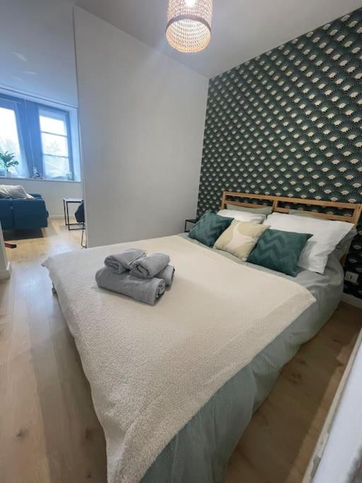 une chambre avec un grand lit avec deux serviettes dessus dans l'établissement L’azur au centre de Vitré et proche château/gare, à Vitré