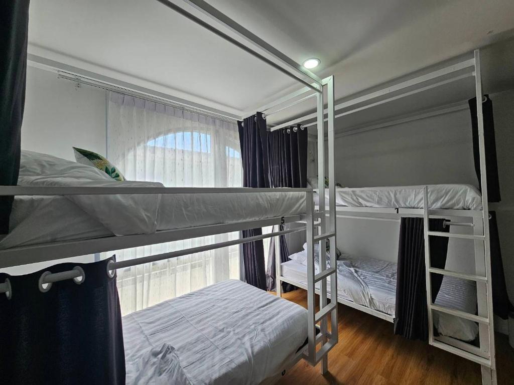 Ce dortoir comprend 2 lits superposés et une fenêtre. dans l'établissement Tiger House Hostel Koh Tao, à Koh Tao